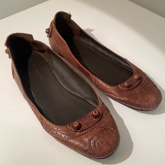 BALENCIAGA Brown Leather Studded Ballet Flats - Picture 2 of 6